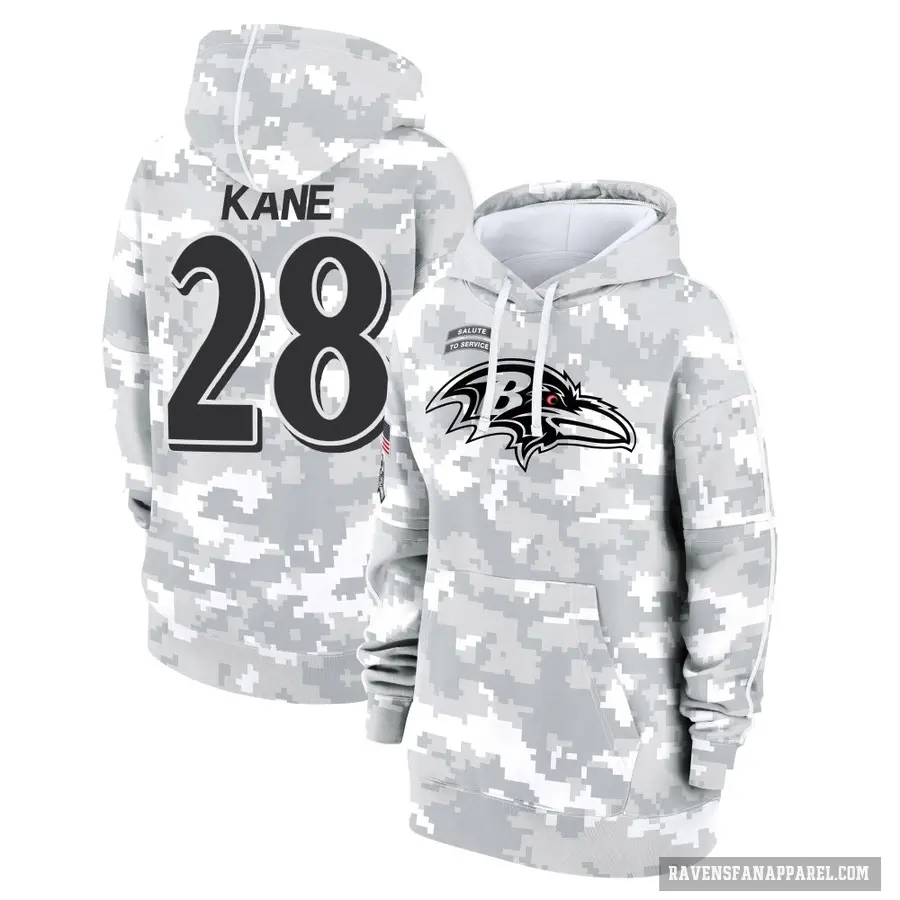 Women's ＃28 Sanoussi Kane Baltimore Ravens Arctic Camo 2024 Salute to Service Club Fleece Pullover Hoodie