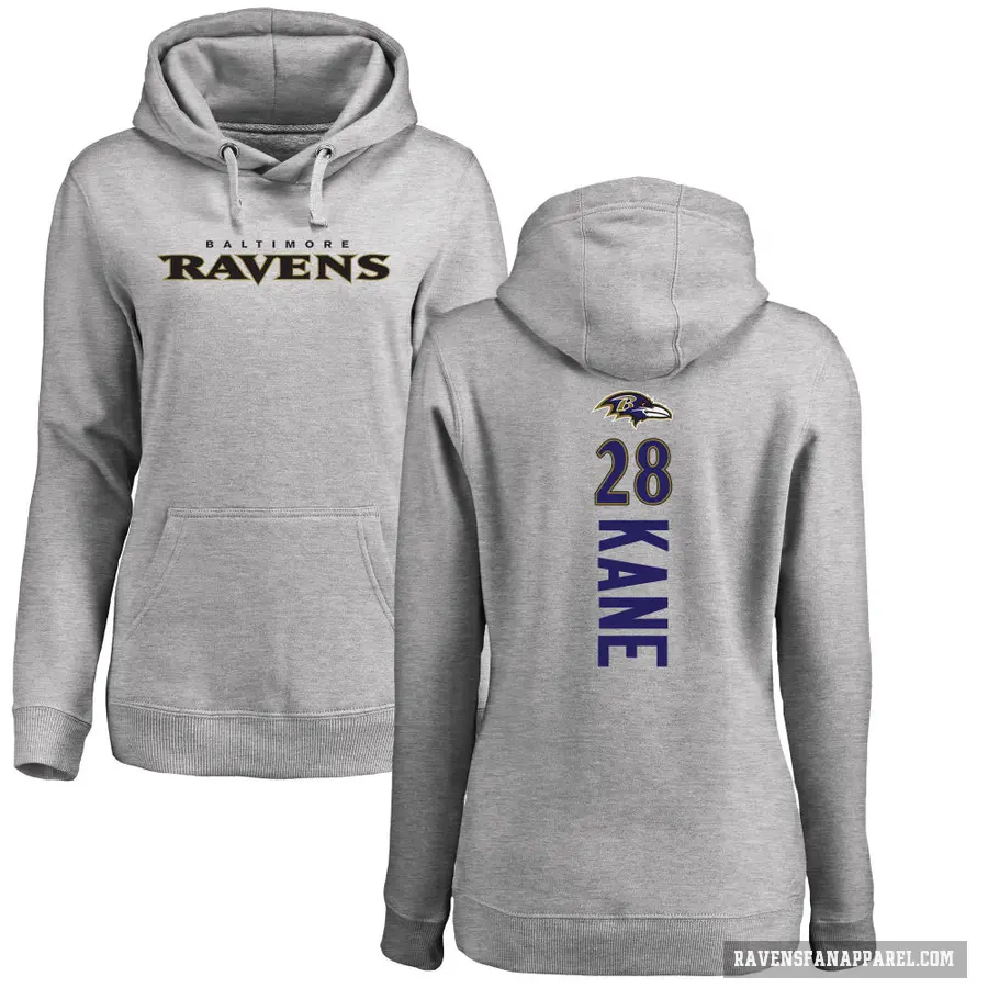 Women's ＃28 Sanoussi Kane Baltimore Ravens Pro Line Ash Backer Pullover Hoodie