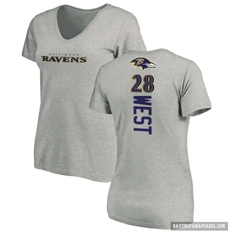 Women's ＃28 Terrance West Baltimore Ravens Ash Backer V-Neck T-Shirt