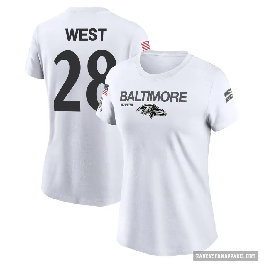 Women's ＃28 Terrance West Baltimore Ravens White 2024 Salute to Service Performance T-Shirt