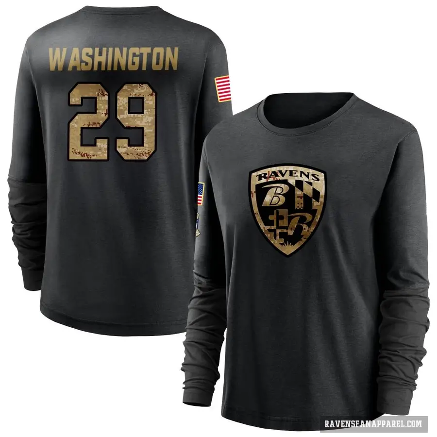 Women's ＃29 Ar'Darius Washington Baltimore Ravens Black 2020 Salute To Service Sideline Performance Long Sleeve T-Shirt