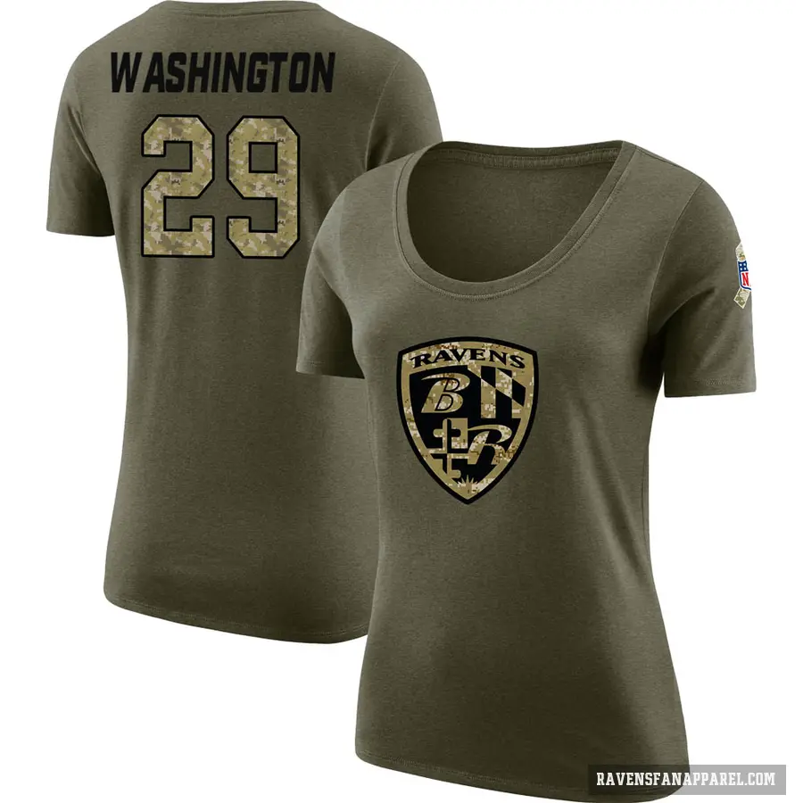 Women's ＃29 Ar'Darius Washington Baltimore Ravens Olive Salute to Service Scoop Neck T-Shirt