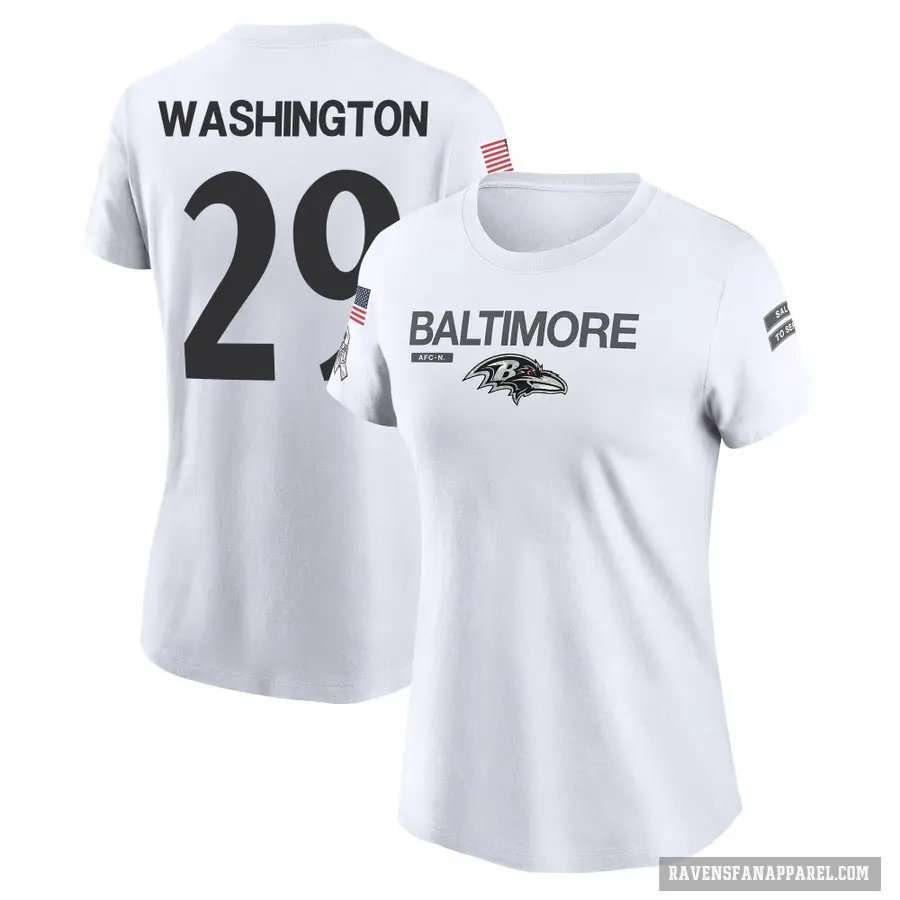 Women's ＃29 Ar'Darius Washington Baltimore Ravens White 2024 Salute to Service Performance T-Shirt