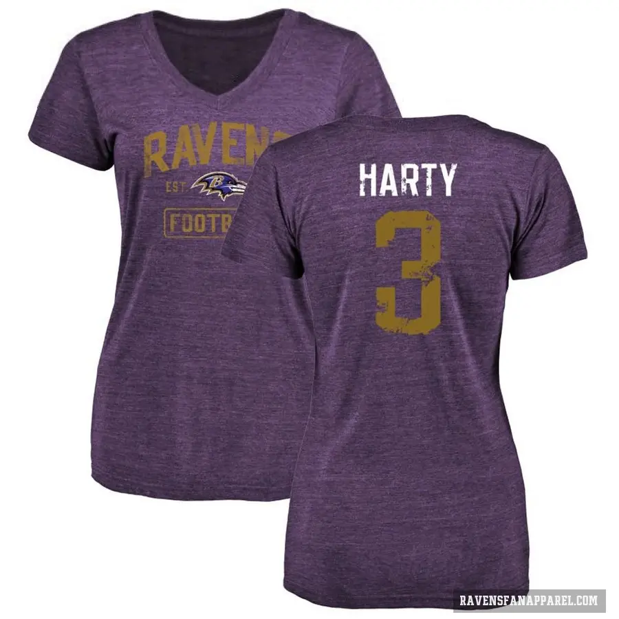 Women's ＃3 Deonte Harty Baltimore Ravens Purple Distressed V-Neck T-Shirt