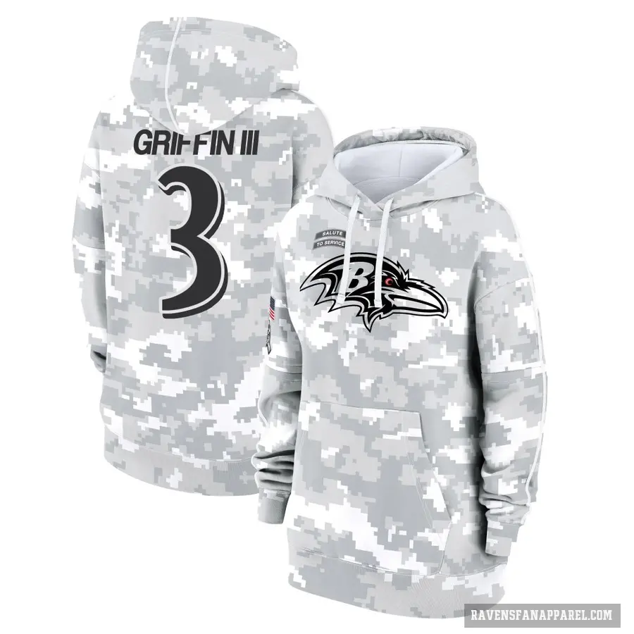 Women's ＃3 Robert Griffin III Baltimore Ravens Arctic Camo 2024 Salute to Service Club Fleece Pullover Hoodie