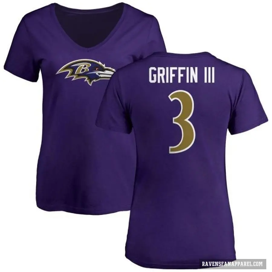 Women's ＃3 Robert Griffin III Baltimore Ravens Purple Logo V-Neck T-Shirt