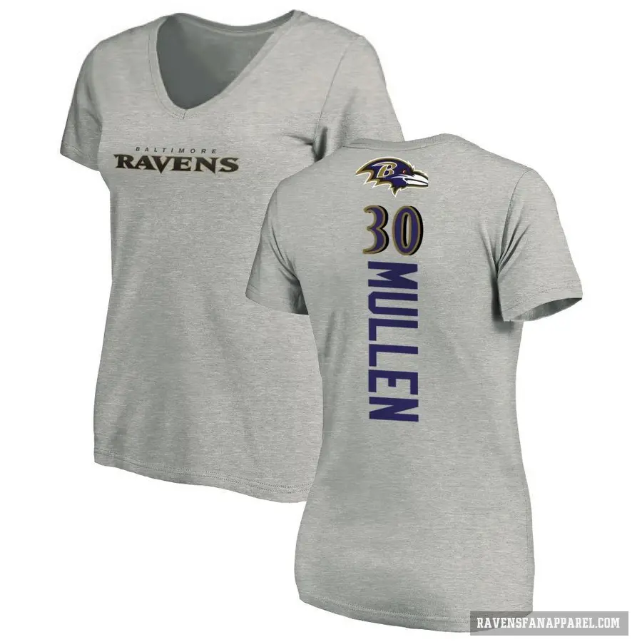 Women's ＃30 Trayvon Mullen Baltimore Ravens Ash Backer V-Neck T-Shirt