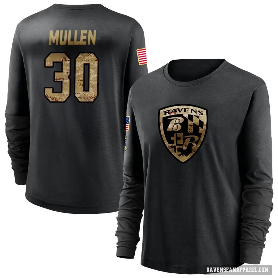 Women's ＃30 Trayvon Mullen Baltimore Ravens Black 2020 Salute To Service Sideline Performance Long Sleeve T-Shirt