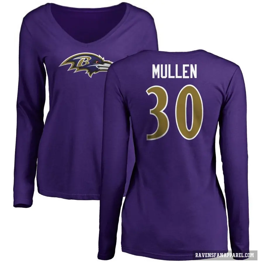 Women's ＃30 Trayvon Mullen Baltimore Ravens Purple Logo Long Sleeve T-Shirt