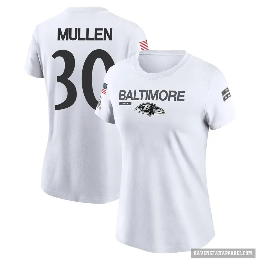 Women's ＃30 Trayvon Mullen Baltimore Ravens White 2024 Salute to Service Performance T-Shirt