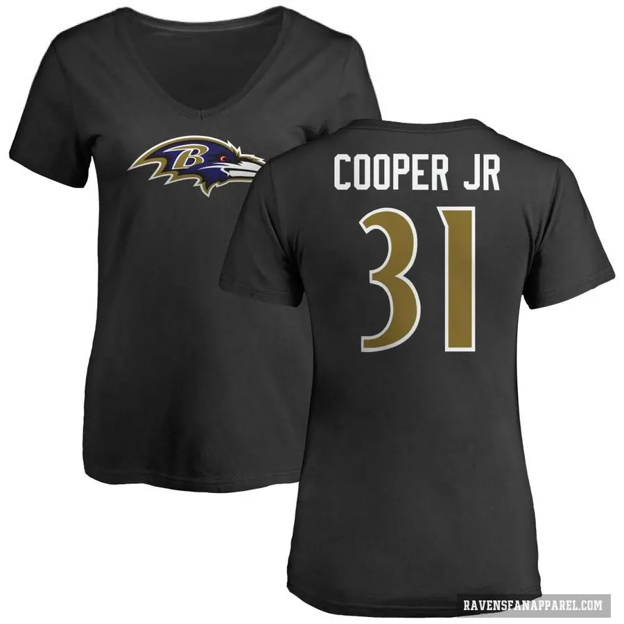 Women's ＃31 Bump Cooper Jr. Baltimore Ravens Black Logo Slim Fit T-Shirt