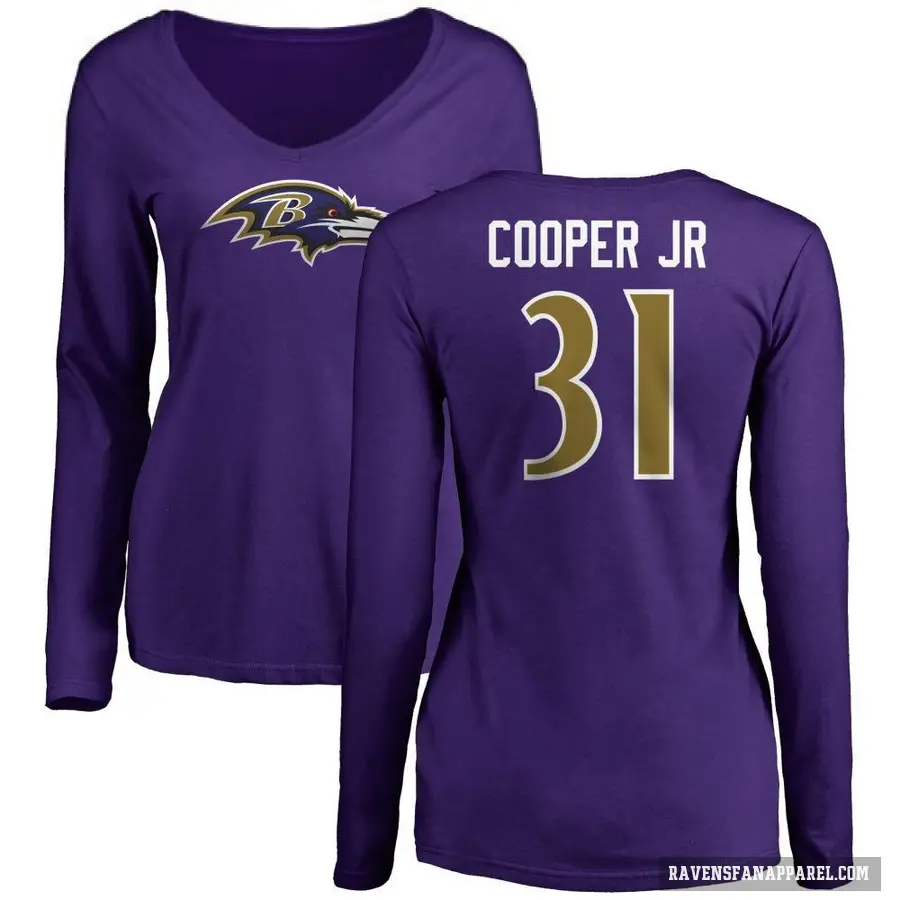 Women's ＃31 Bump Cooper Jr. Baltimore Ravens Purple Logo Long Sleeve T-Shirt