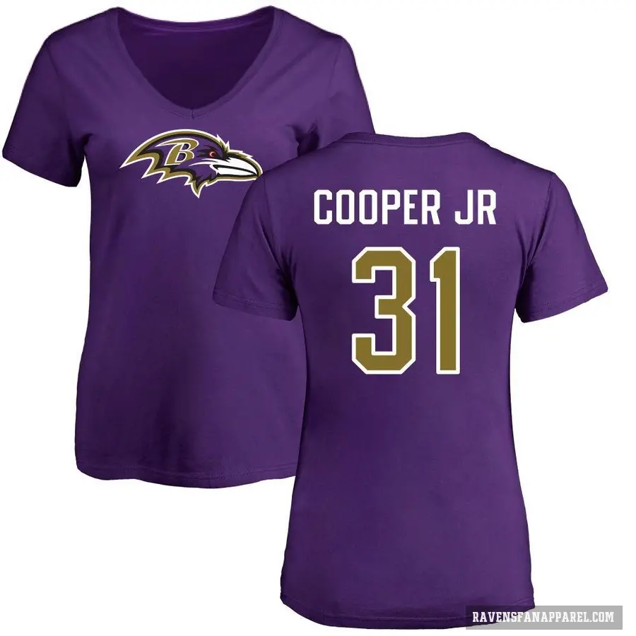 Women's ＃31 Bump Cooper Jr. Baltimore Ravens Purple Logo Slim Fit T-Shirt