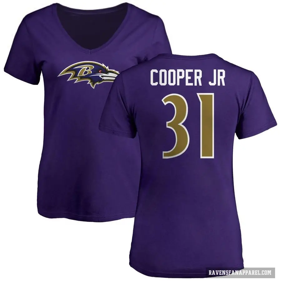 Women's ＃31 Bump Cooper Jr. Baltimore Ravens Purple Logo V-Neck T-Shirt