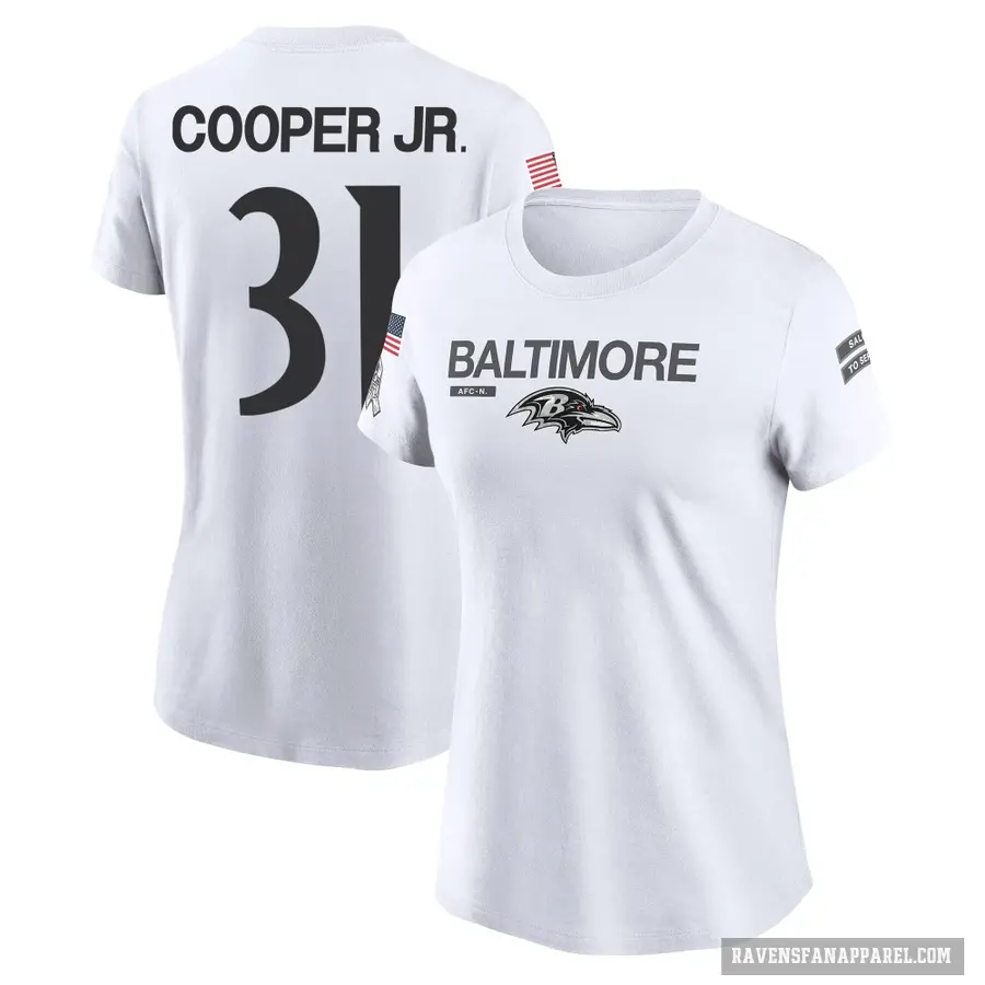 Women's ＃31 Bump Cooper Jr. Baltimore Ravens White 2024 Salute to Service Performance T-Shirt