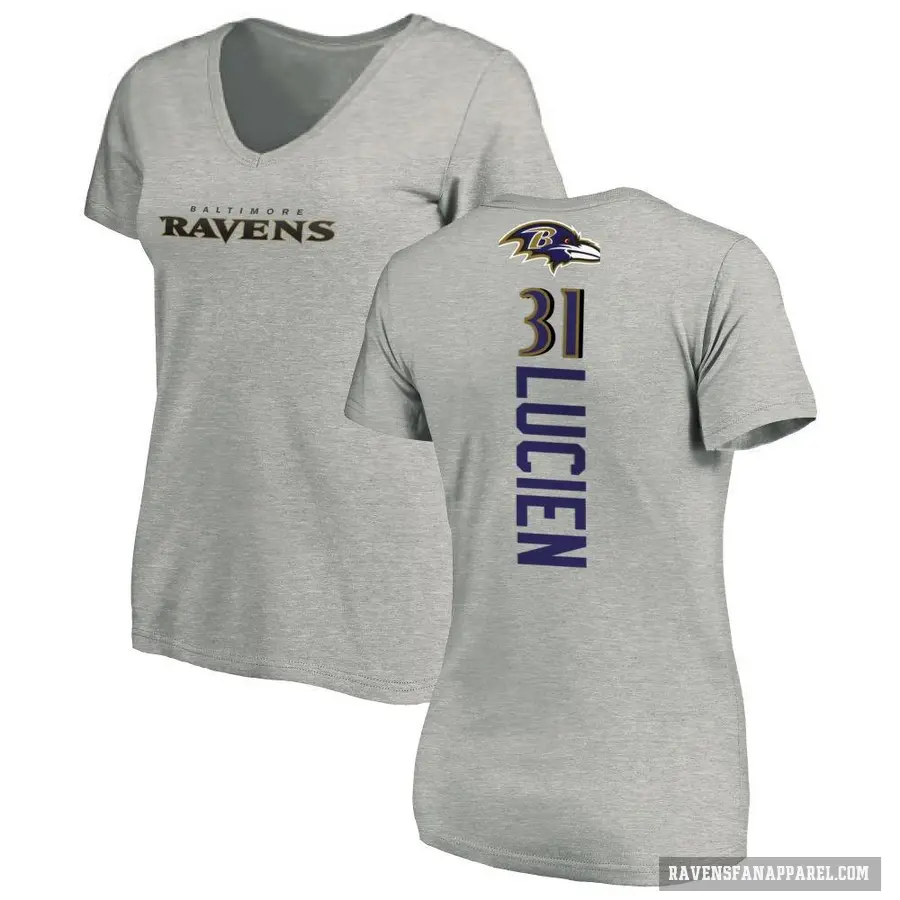 Women's ＃31 Jeremy Lucien Baltimore Ravens Ash Backer V-Neck T-Shirt