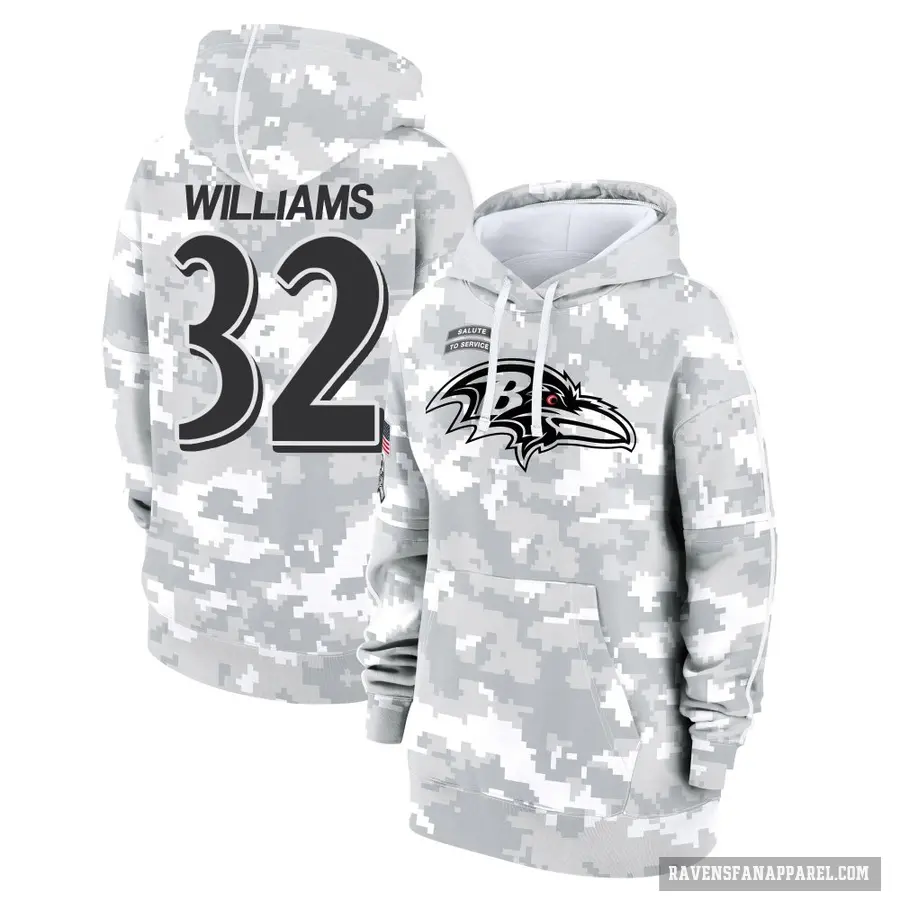 Women's ＃32 Marcus Williams Baltimore Ravens Arctic Camo 2024 Salute to Service Club Fleece Pullover Hoodie