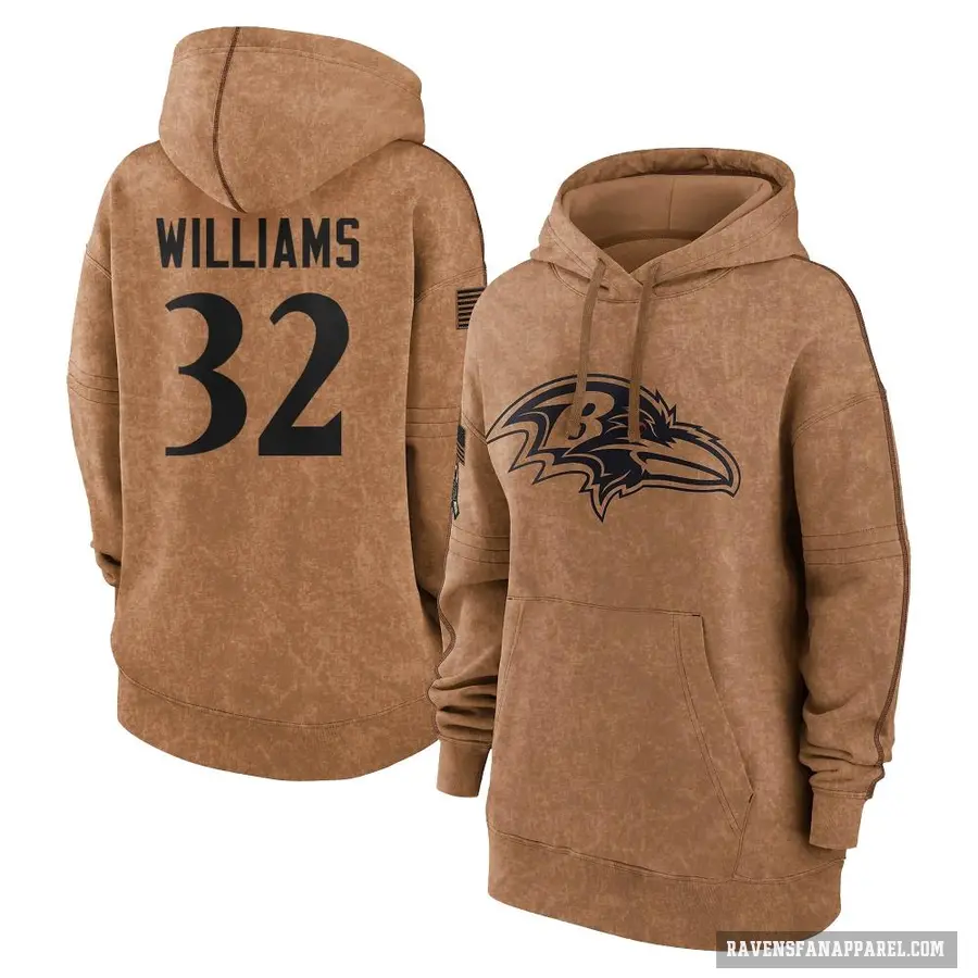 Women's ＃32 Marcus Williams Baltimore Ravens Brown 2023 Salute To Service Pullover Hoodie