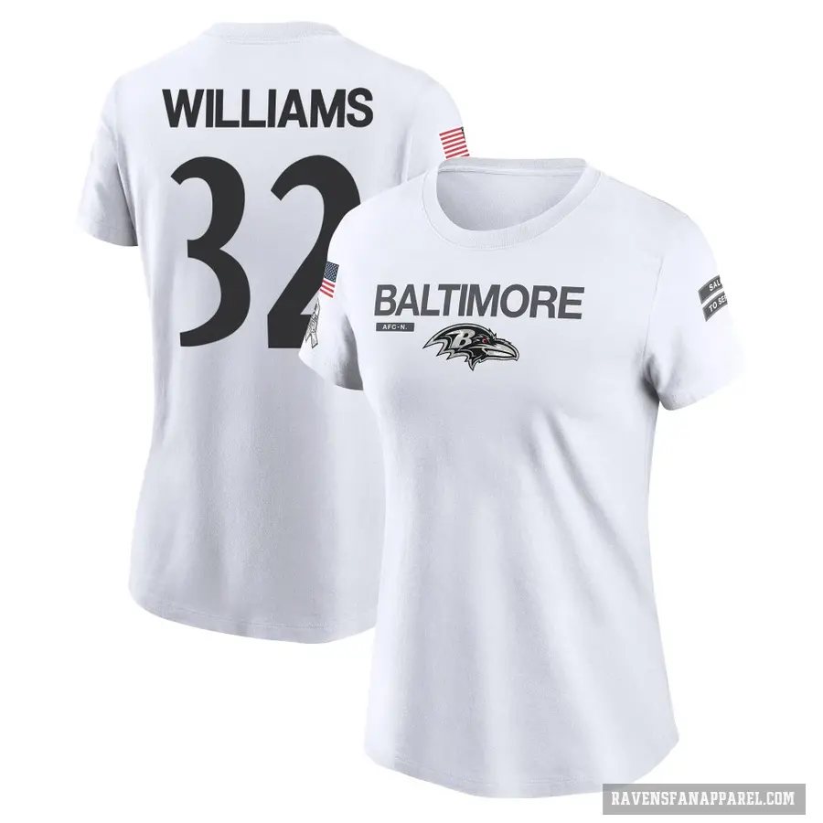 Women's ＃32 Marcus Williams Baltimore Ravens White 2024 Salute to Service Performance T-Shirt