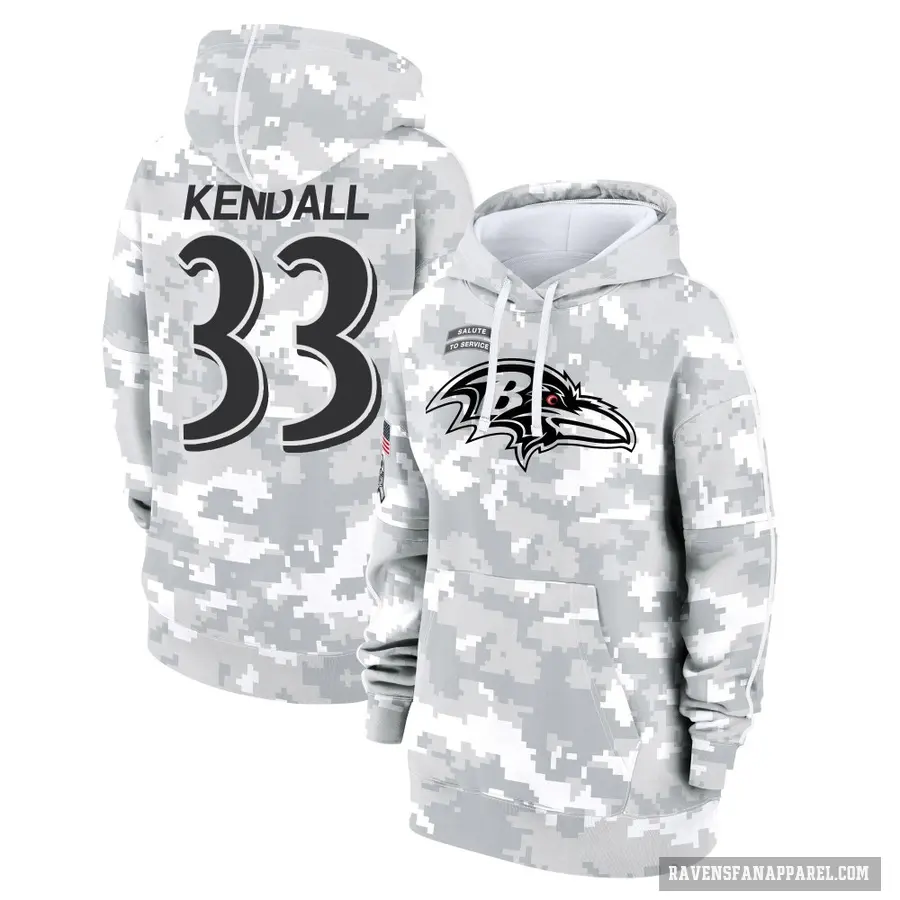 Women's ＃33 Anthony Kendall Baltimore Ravens Arctic Camo 2024 Salute to Service Club Fleece Pullover Hoodie