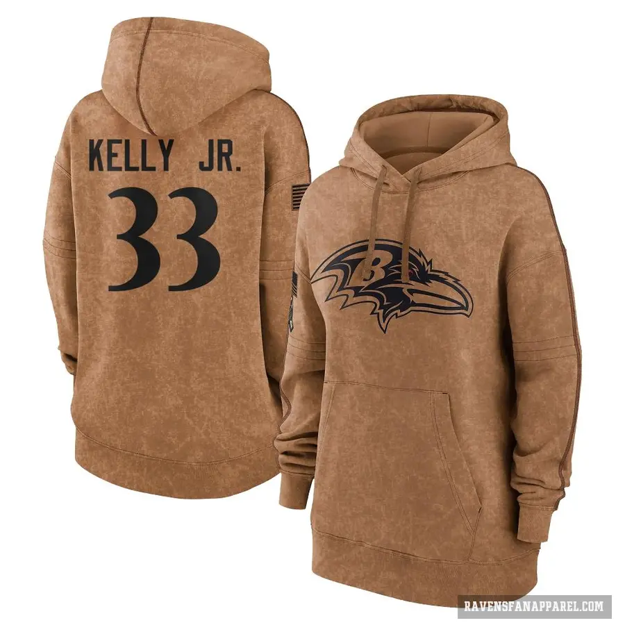 Women's ＃33 John Kelly Jr. Baltimore Ravens Brown 2023 Salute To Service Pullover Hoodie