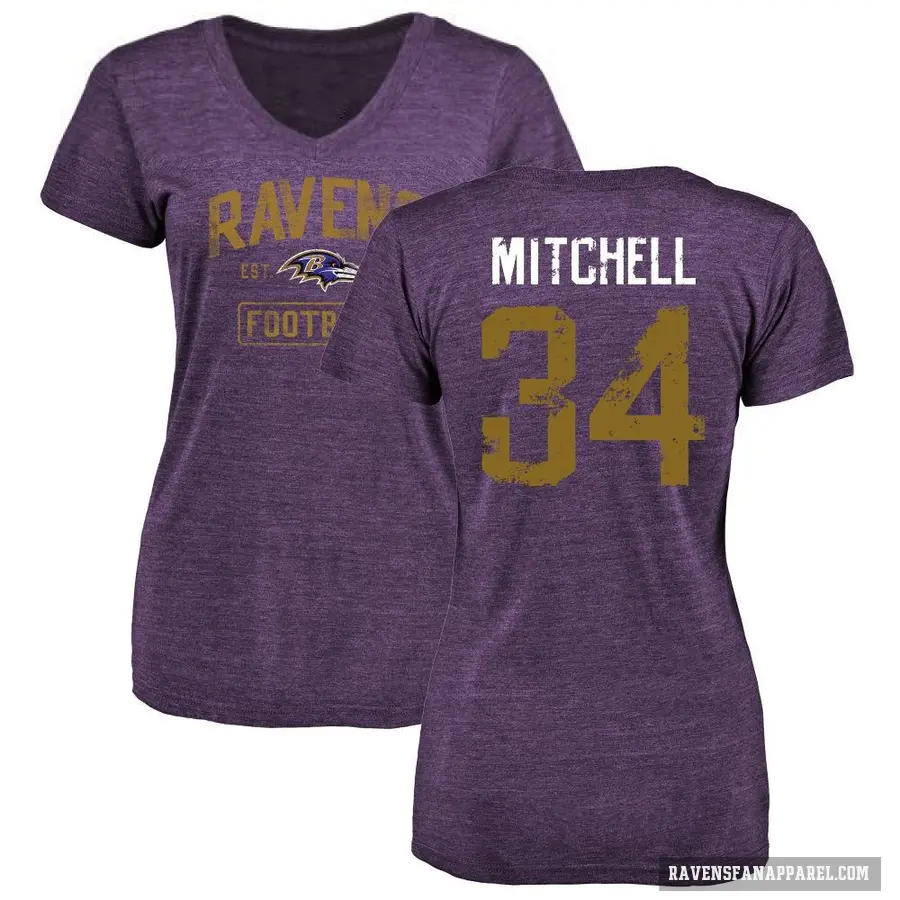 Women's ＃34 Keaton Mitchell Baltimore Ravens Purple Distressed V-Neck T-Shirt