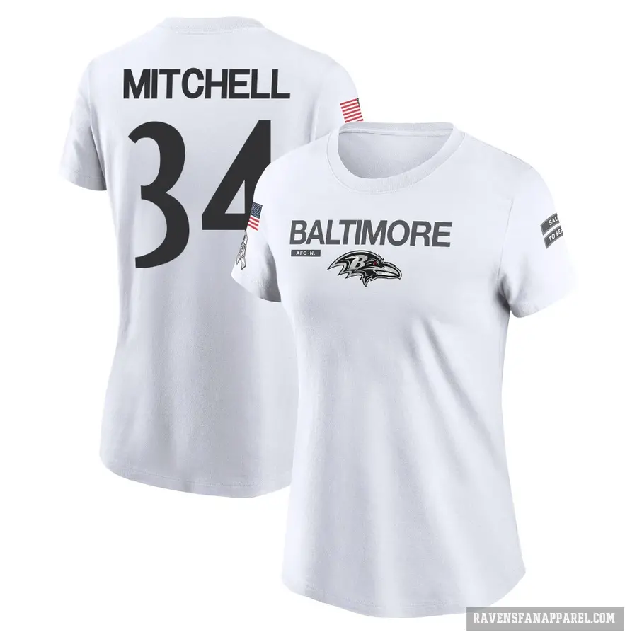 Women's ＃34 Keaton Mitchell Baltimore Ravens White 2024 Salute to Service Performance T-Shirt