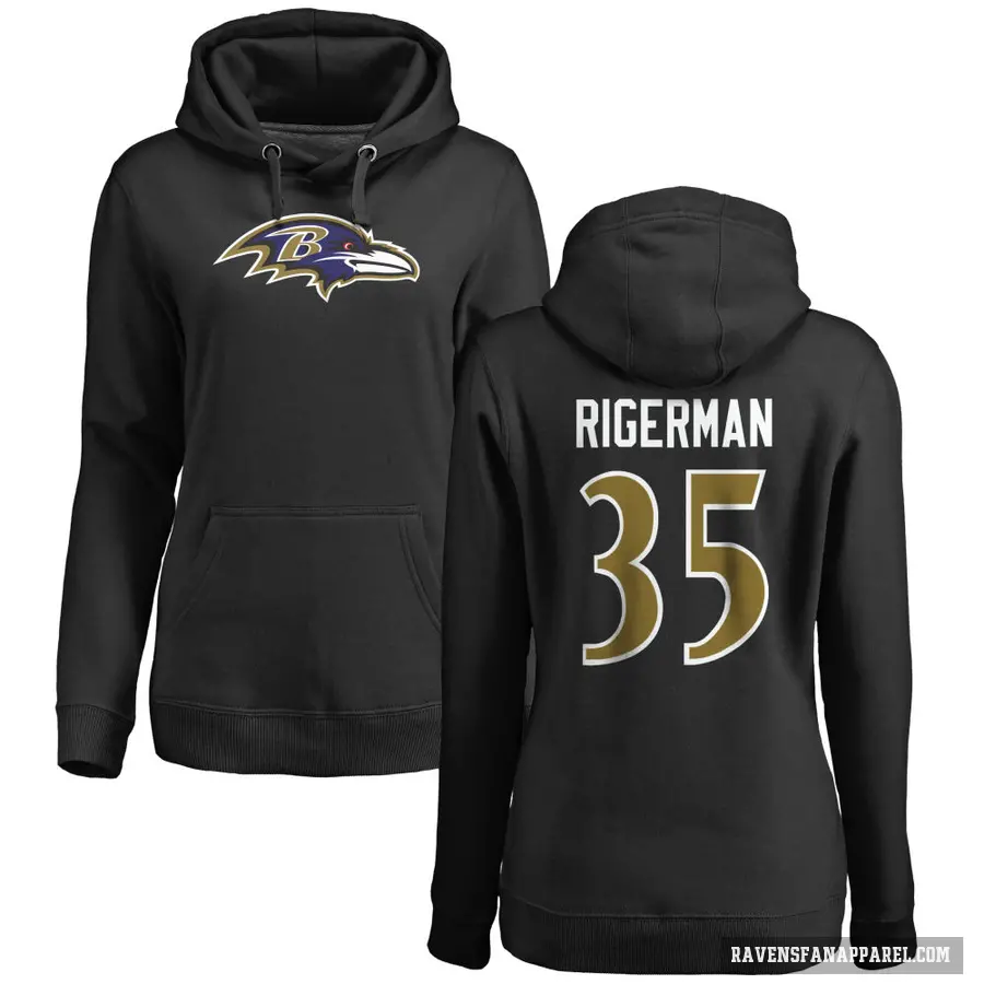 Women's ＃35 Mike Rigerman Baltimore Ravens Black Pro Line Name & Number Logo Pullover Hoodie