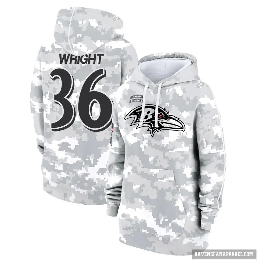 Women's ＃36 Owen Wright Baltimore Ravens Arctic Camo 2024 Salute to Service Club Fleece Pullover Hoodie