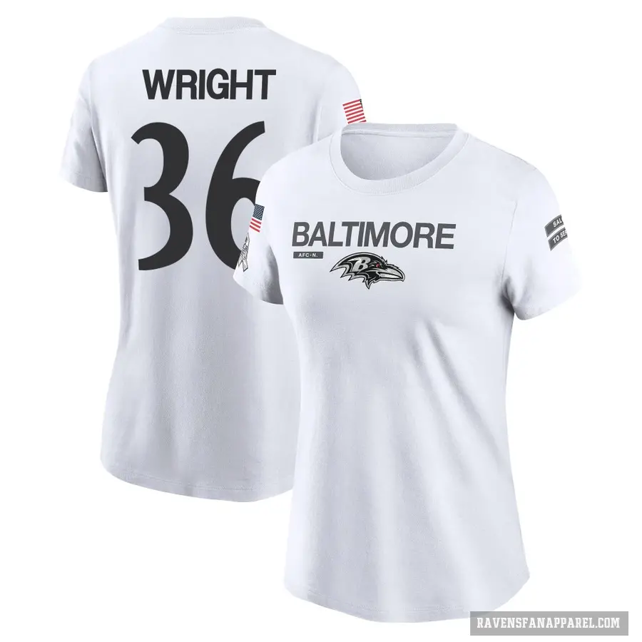 Women's ＃36 Owen Wright Baltimore Ravens White 2024 Salute to Service Performance T-Shirt