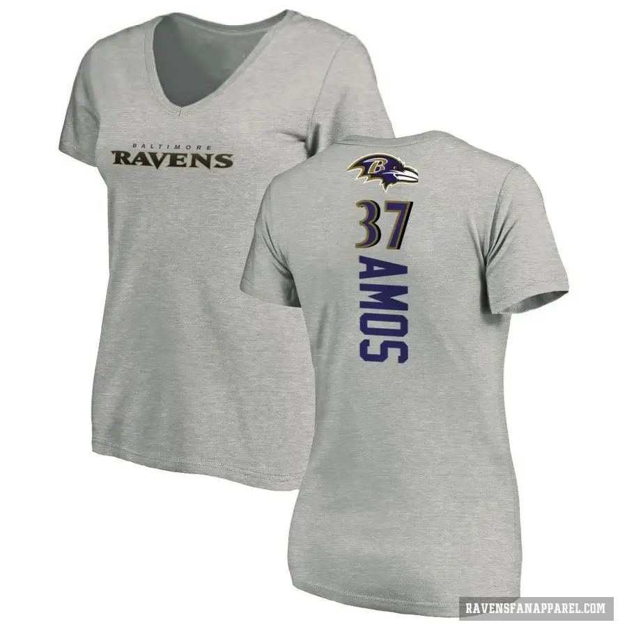 Women's ＃37 Jaquan Amos Baltimore Ravens Ash Backer V-Neck T-Shirt