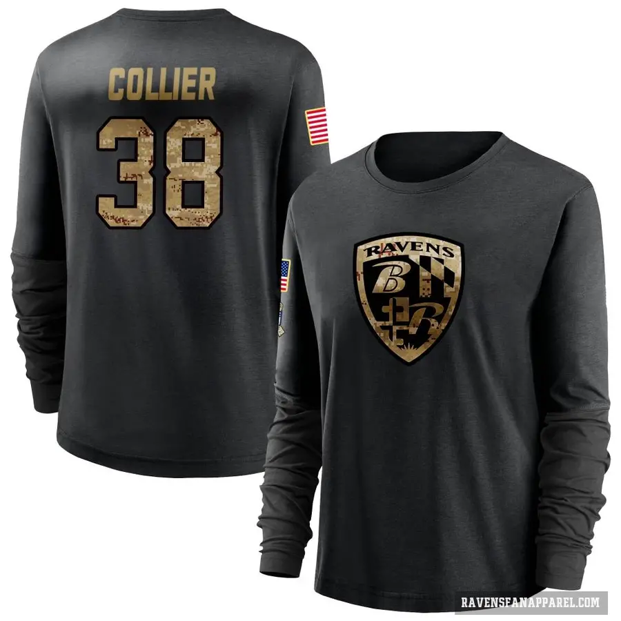 Women's ＃38 Chris Collier Baltimore Ravens Black 2020 Salute To Service Sideline Performance Long Sleeve T-Shirt