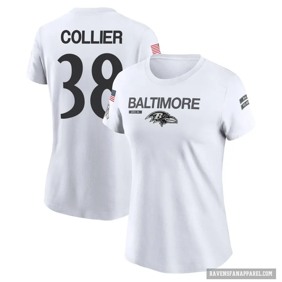 Women's ＃38 Chris Collier Baltimore Ravens White 2024 Salute to Service Performance T-Shirt