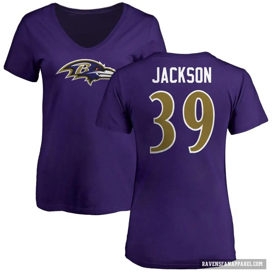 Women's ＃39 Eddie Jackson Baltimore Ravens Purple Logo V-Neck T-Shirt