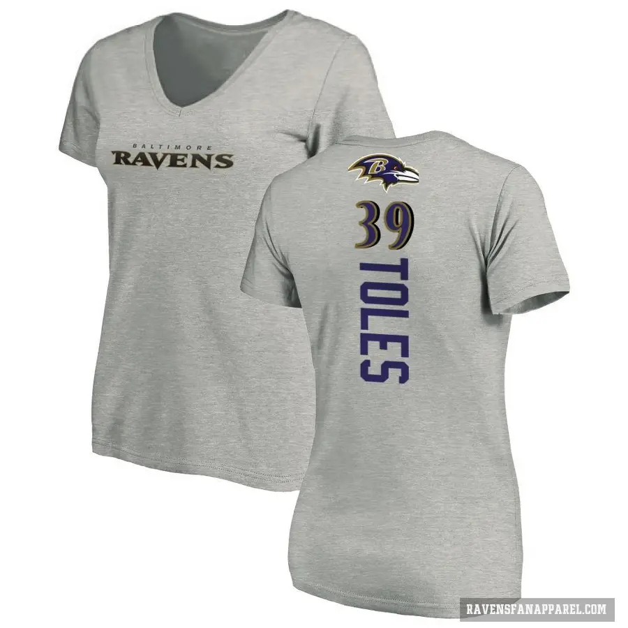 Women's ＃39 Jordan Toles Baltimore Ravens Ash Backer V-Neck T-Shirt