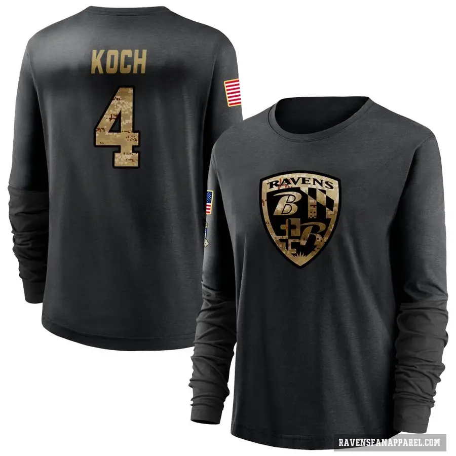 Women's ＃4 Sam Koch Baltimore Ravens Black 2020 Salute To Service Sideline Performance Long Sleeve T-Shirt