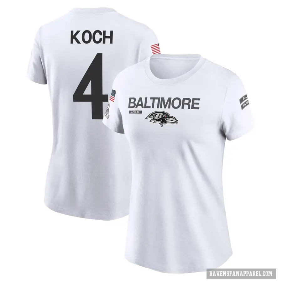 Women's ＃4 Sam Koch Baltimore Ravens White 2024 Salute to Service Performance T-Shirt