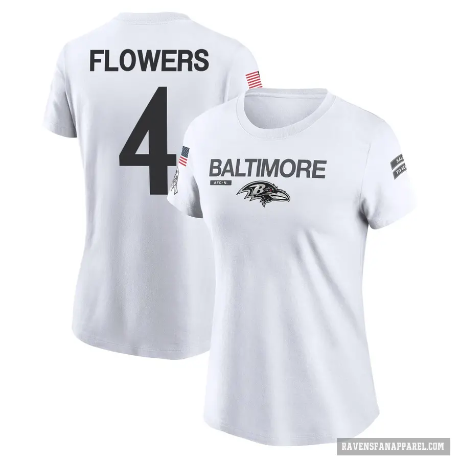 Women's ＃4 Zay Flowers Baltimore Ravens White 2024 Salute to Service Performance T-Shirt