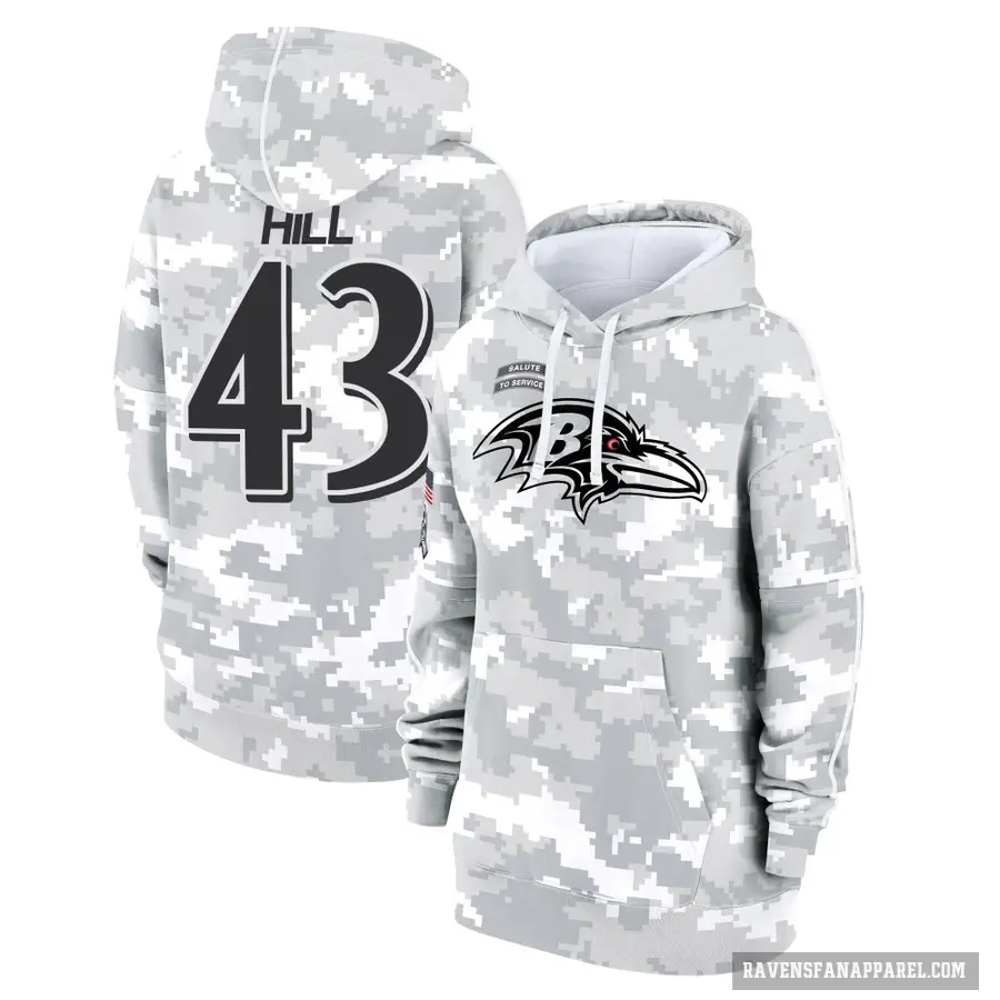 Women's ＃43 Justice Hill Baltimore Ravens Arctic Camo 2024 Salute to Service Club Fleece Pullover Hoodie