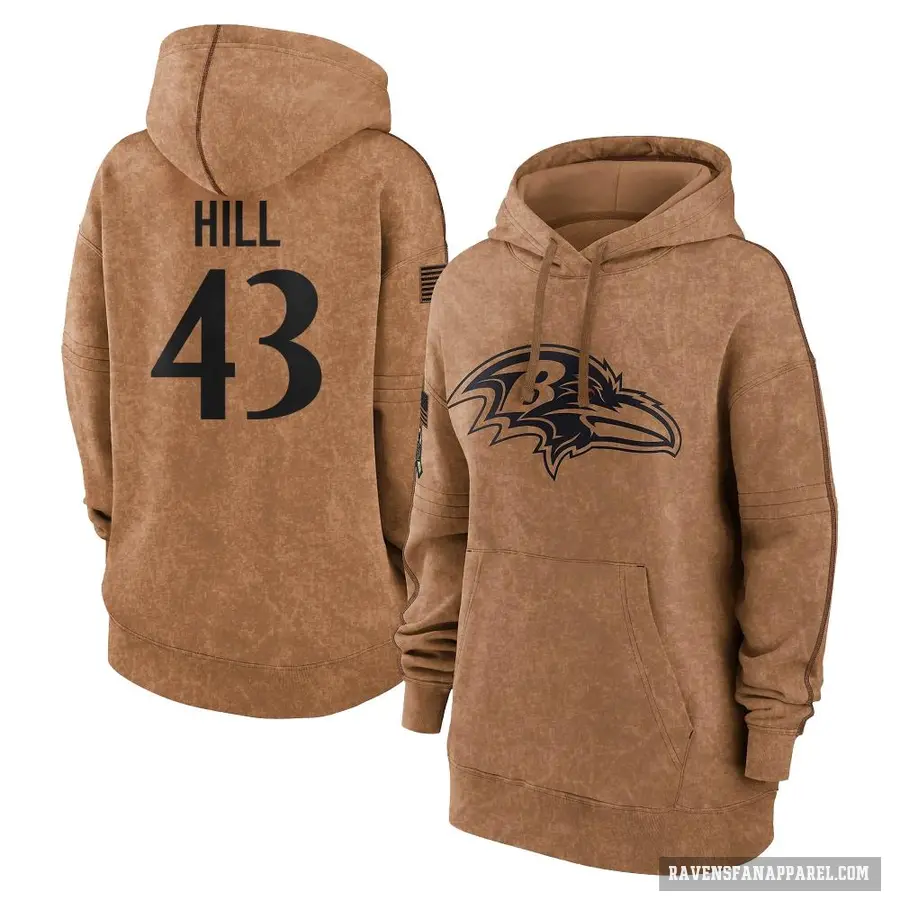 Women's ＃43 Justice Hill Baltimore Ravens Brown 2023 Salute To Service Pullover Hoodie