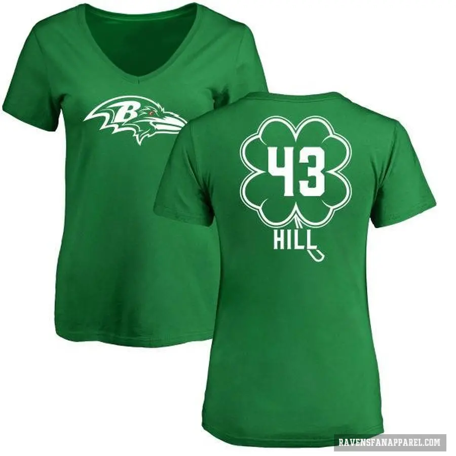 Women's ＃43 Justice Hill Baltimore Ravens Green St. Patrick's Day V-Neck T-Shirt