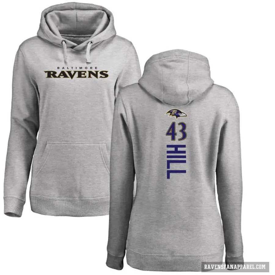 Women's ＃43 Justice Hill Baltimore Ravens Pro Line Ash Backer Pullover Hoodie