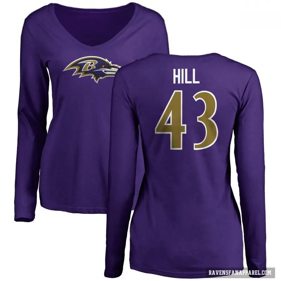 Women's ＃43 Justice Hill Baltimore Ravens Purple Logo Long Sleeve T-Shirt