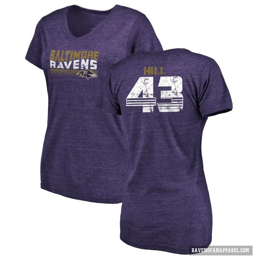 Women's ＃43 Justice Hill Baltimore Ravens Purple Retro V-Neck T-Shirt