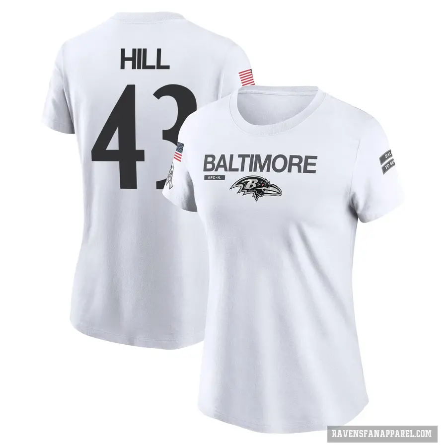 Women's ＃43 Justice Hill Baltimore Ravens White 2024 Salute to Service Performance T-Shirt