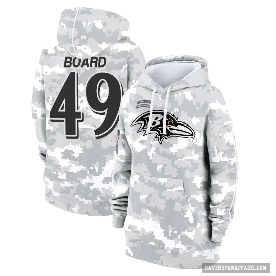 Women's ＃49 Chris Board Baltimore Ravens Arctic Camo 2024 Salute to Service Club Fleece Pullover Hoodie