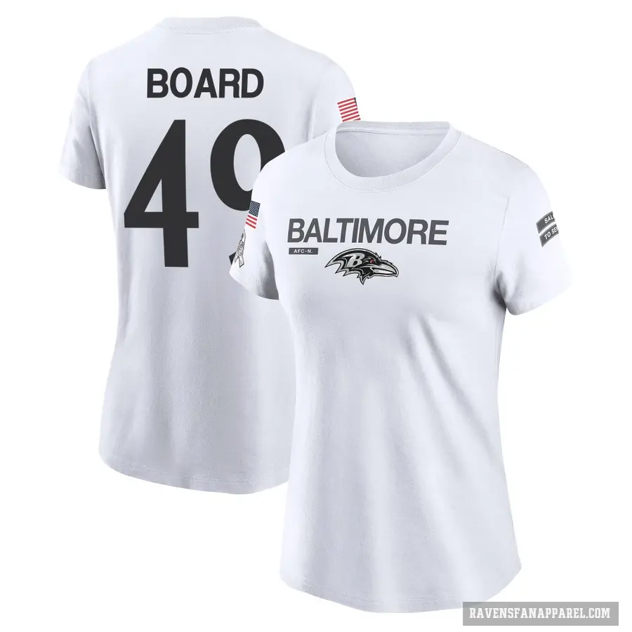 Women's ＃49 Chris Board Baltimore Ravens White 2024 Salute to Service Performance T-Shirt