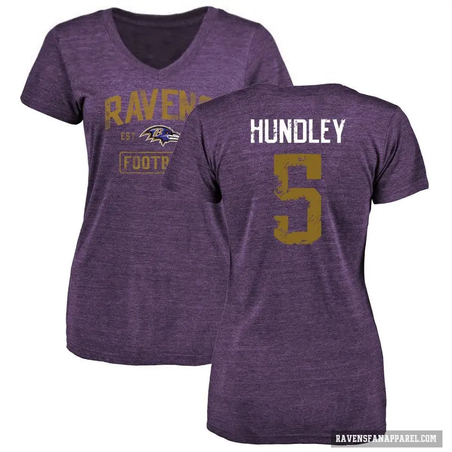 Women's ＃5 Brett Hundley Baltimore Ravens Purple Distressed V-Neck T-Shirt