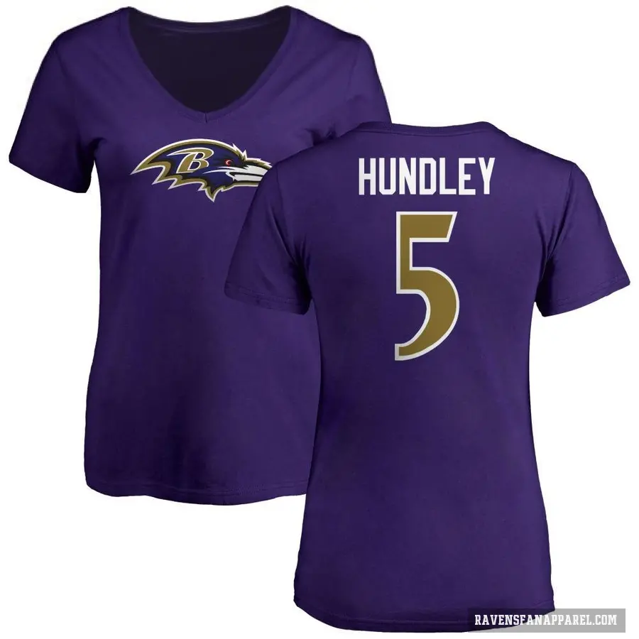 Women's ＃5 Brett Hundley Baltimore Ravens Purple Logo V-Neck T-Shirt