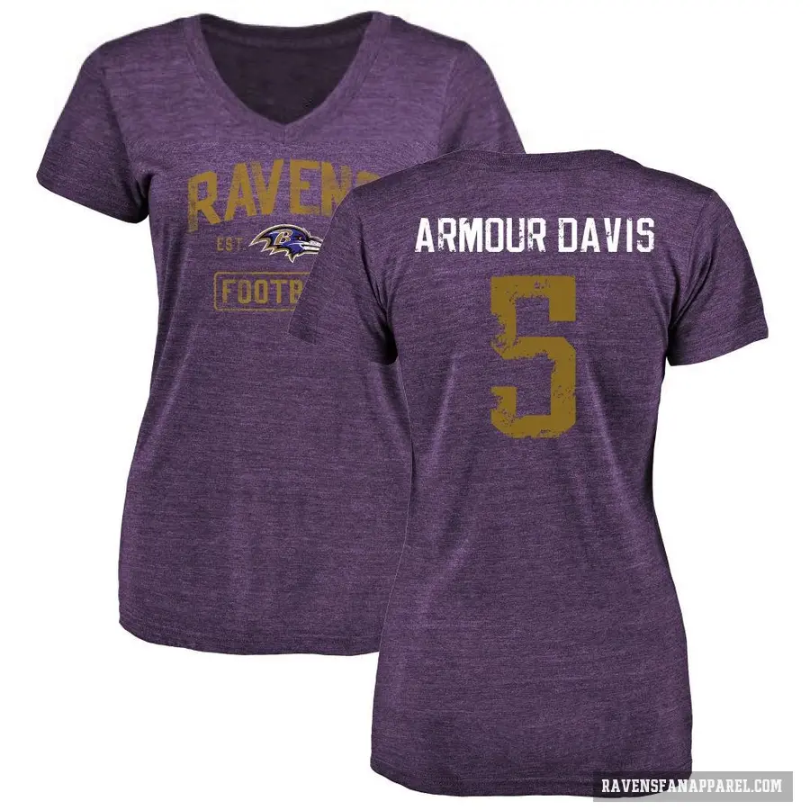 Women's ＃5 Jalyn Armour-Davis Baltimore Ravens Purple Distressed V-Neck T-Shirt